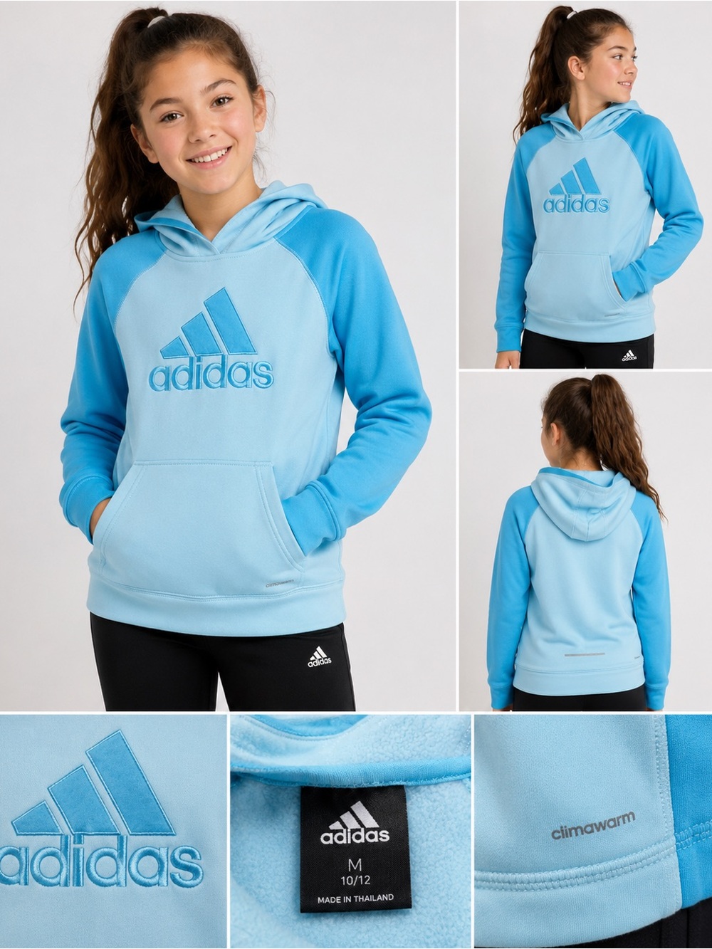 Adidas ClimaWarm Girls Medium 10/12 Blue Fleece Hoodie Pullover Logo